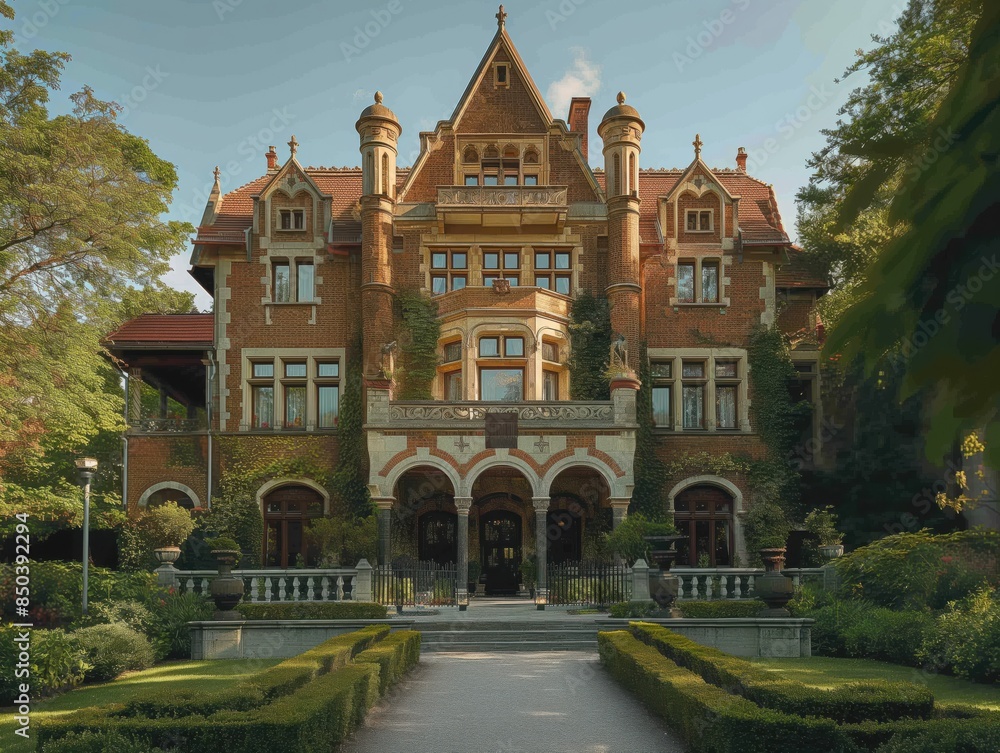 Fototapeta premium Charming Victorian Mansion with Verdant Gardens