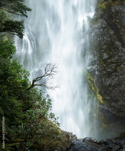 Devil’s Punchbowl waterfalls in Arthur’s Pass, South Island, New Zealand. Vertical format. photo