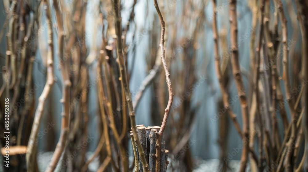 A of tall thin sculptures made from gnarled willow branches resembling a small forest. A of tall thin sculptures made from gnarled willow branches resembling a small forest.