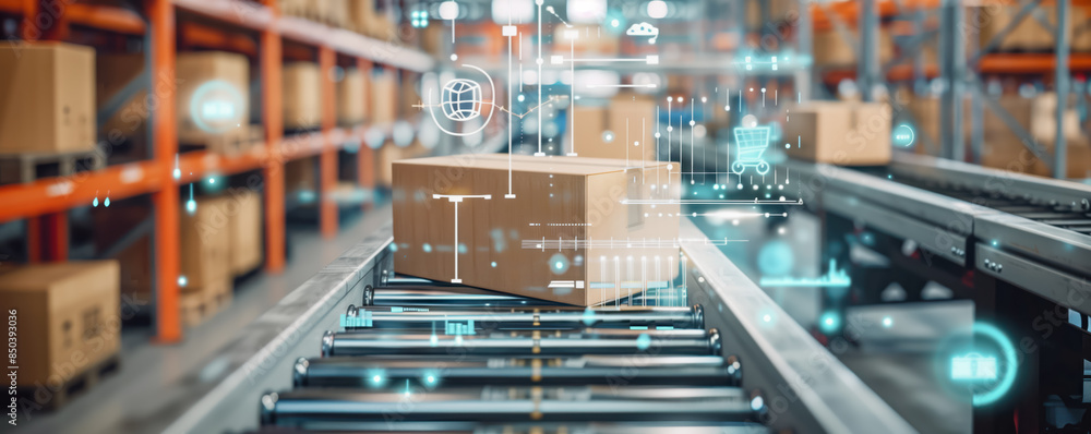 Conveyor belt in a distribution warehouse with row of cardboard box packaging for e-commerce. Delivery and automated logistics concepts. Conveyor belt in a distribution warehouse with row of cardboard box packaging for e-commerce. Delivery and automated logistics concepts.