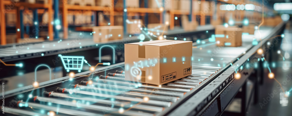 Conveyor belt in a distribution warehouse with row of cardboard box packaging for e-commerce. Delivery and automated logistics concepts. Conveyor belt in a distribution warehouse with row of cardboard box packaging for e-commerce. Delivery and automated logistics concepts.