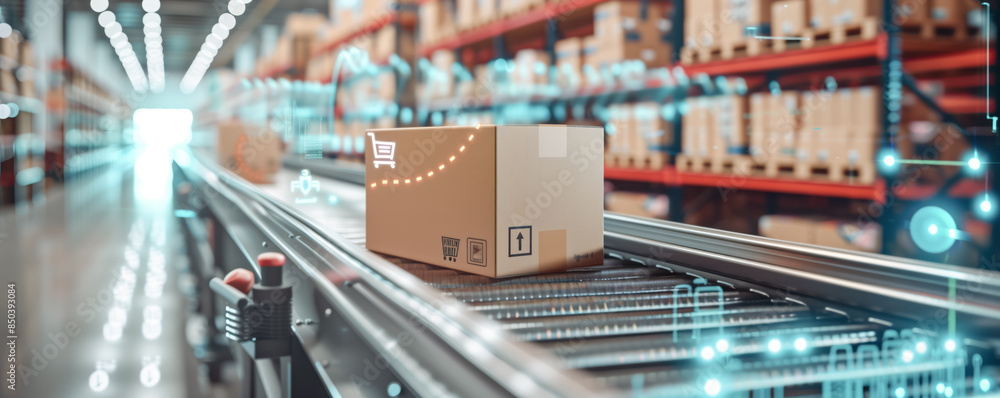 Conveyor belt in a distribution warehouse with row of cardboard box packaging for e-commerce. Delivery and automated logistics concepts. Conveyor belt in a distribution warehouse with row of cardboard box packaging for e-commerce. Delivery and automated logistics concepts.