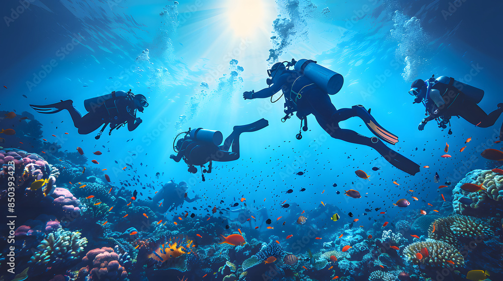 Fototapeta premium scuba divers exploring an underwater world