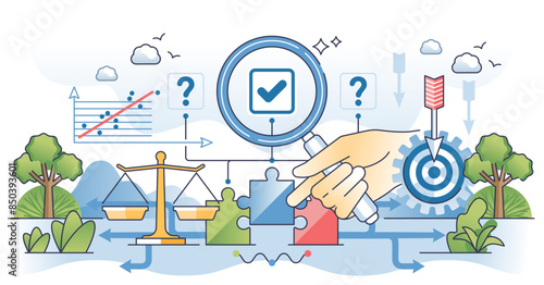Decision making process with information analyzing outline hands concept, transparent background. Business strategy and choices for goal achievement and company goal targets illustration.