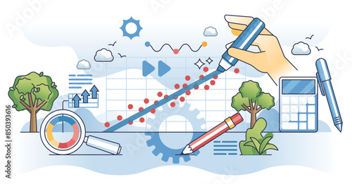 Regression analysis as statistical data interpretation outline hands concept, transparent background.Find variable outcome from analytical chart with results illustration.