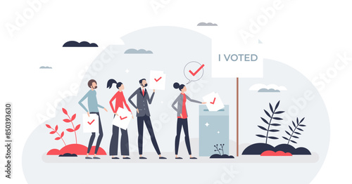 Voting and elections as democratic community process tiny person concept, transparent background. Political choice and patriotic activism with ballot and parliament options illustration.