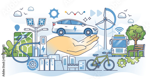 Sustainable transportation with alternative car power outline hands concept, transparent background. Hybrid vehicles for environmental and nature friendly future illustration.