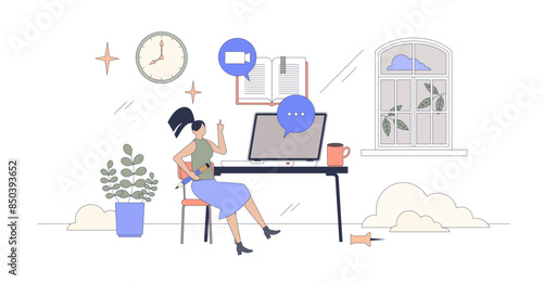 Remote learning and online study lessons tiny person neubrutalism concept, transparent background. E-learning education with virtual classrooms and webinars illustration.