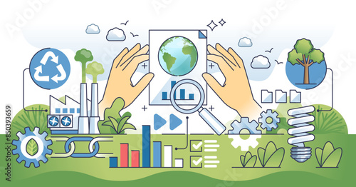 Sustainability reporting and business ESG planning outline hands concept, transparent background. Environmental manufacturing management.