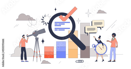 Competitor benchmarking and result research tiny person neubrutalism concept, transparent background. Performance comparison with other business players in industry illustration.