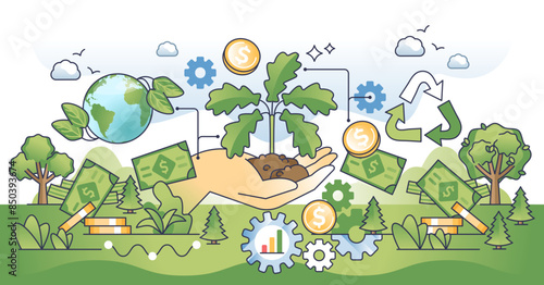 Sustainable investment with green money profits outline hands concept, transparent background. Ecological business growth with environmental responsible practices illustration.