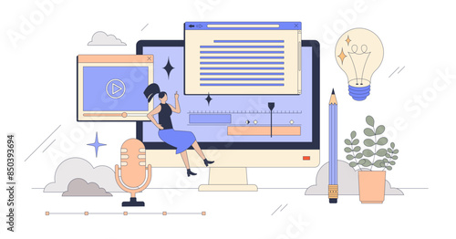Content creation for online social media tiny person neubrutalism concept, transparent background. Podcast making or influencer blogging process with video, audio and text editing.