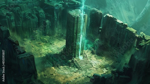 The image shows an underwater ruins with a glowing crystal in the center.