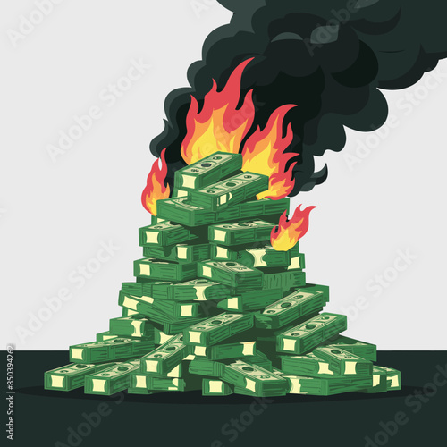 Burning money, Bankruptcy, financial crisis and inflation concept Wasting money Finance vector illustration