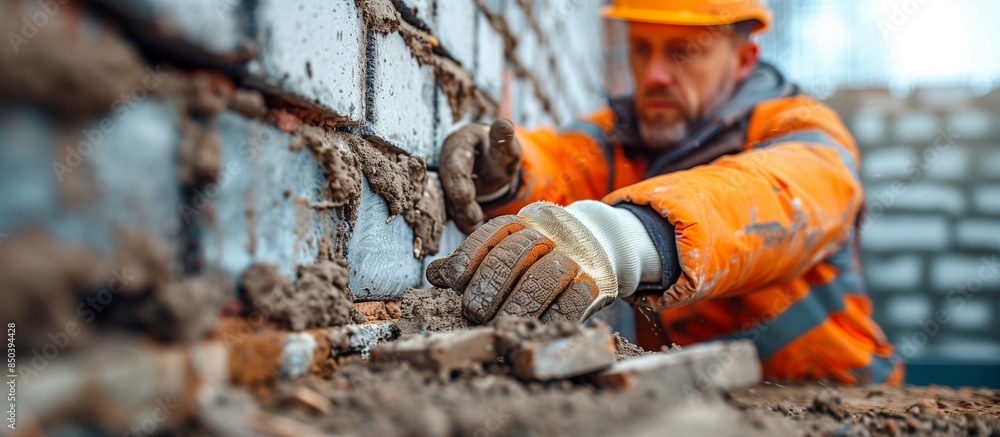 Worker in orange safety jacket and white gloves brings down concrete,construction work concept. Worker in orange safety jacket and white gloves brings down concrete,construction work concept.