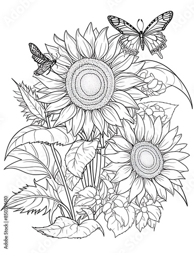 Sunflower Mandala Coloring Page for Adults. Flower and Butterflies Coloring Book