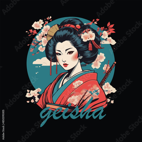 japanese geisha and japanese fan vector