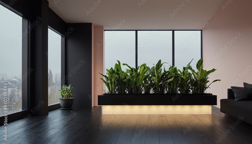 Interior home design plant in pot with empty black wall stucco background Interior home design plant in pot with empty black wall stucco background