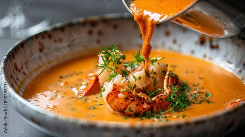 The photo shows a bowl of delicious lobster bisque with cream.