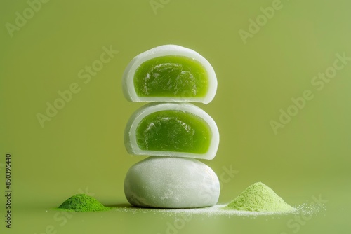 Stacked matcha mochi with green powder on green background