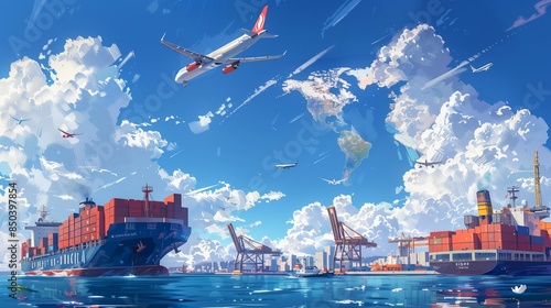 illustration of global logistics with cargo ships, cargo planes and trucks in the background,Ai generate
