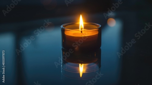 Tea light candle aflame against dark backdrop reflecting in dark mirror detailed perspective