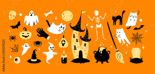 Set of flat vector Halloween elements. Cute spooky ghost cat, pumpkin, bat, skull, spider, grave, cauldron, castle on orange background. Hand drawn collection for decor, print, sticker kit, poster.