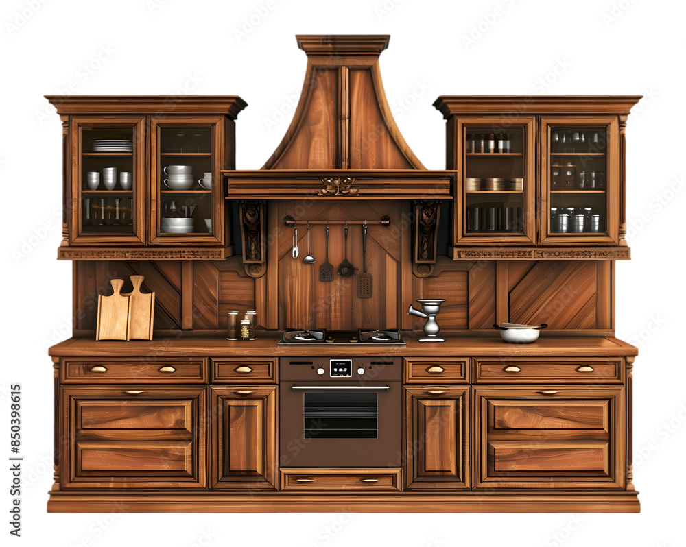 Elegant wooden kitchen hutch with glass-paneled doors and ample storage on transparent background Elegant wooden kitchen hutch with glass-paneled doors and ample storage on transparent background