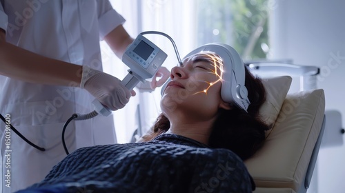 The woman is getting a medical procedure done on her face. The doctor is using a machine to scan her face. The woman is lying down and has her eyes closed. photo