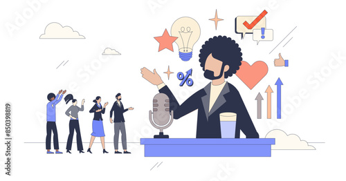 Motivational speech for staff empowerment tiny person neubrutalism concept, transparent background. Public speaker for employee motivation growth and inspiration to work.