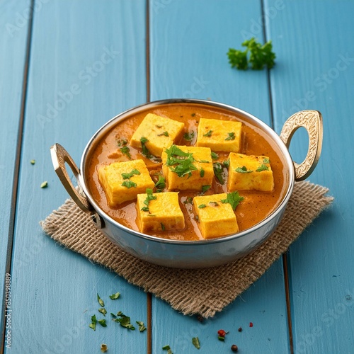 Indian traditional cuisine food shahi paneer on blue wooden background photo