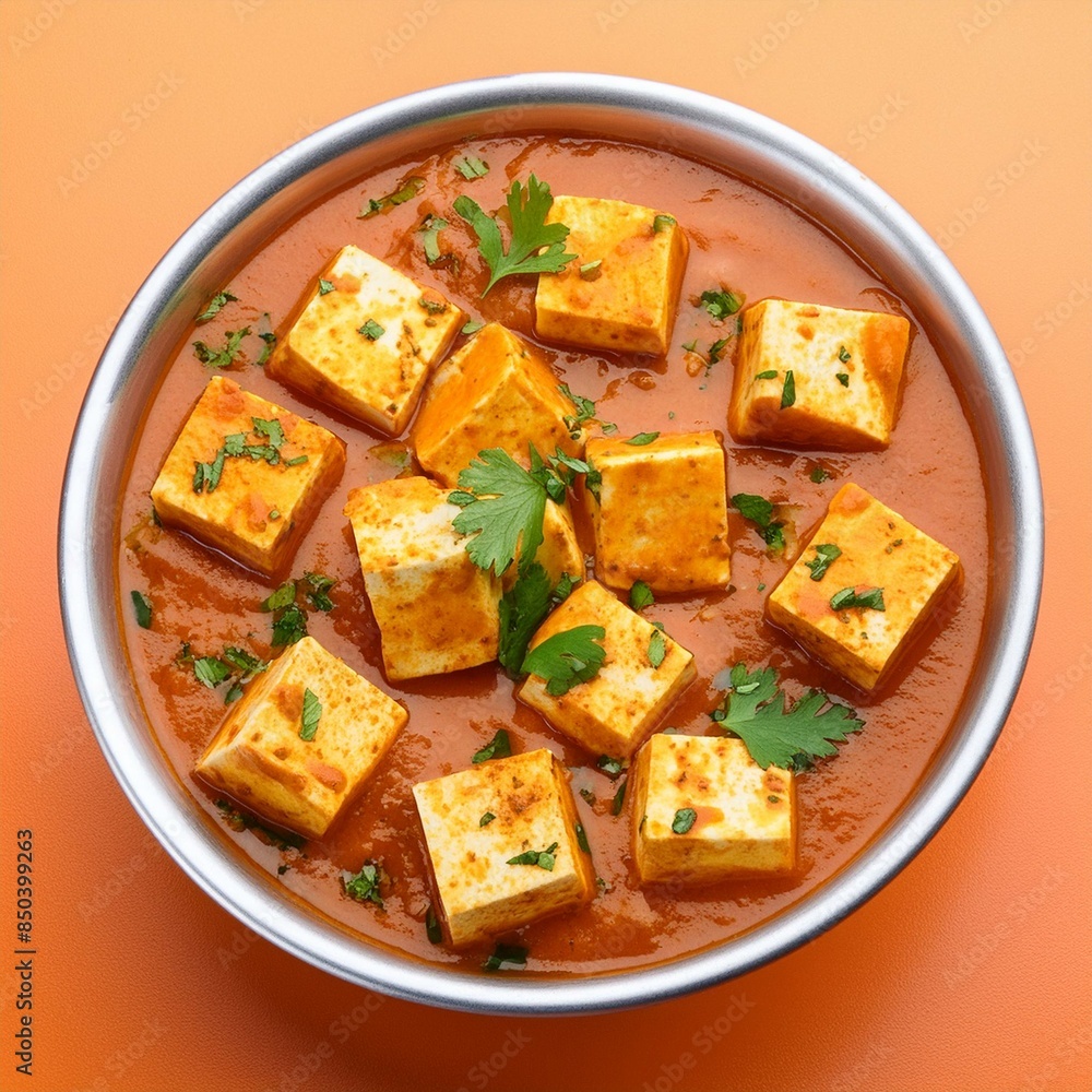 Indian traditional cuisine food shahi paneer on orange background