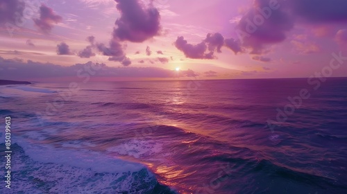 Aerial view sunset skyNature beautiful Light Sunset or sunrise over seaColorful dramatic majestic scenery sunset Sky with Amazing clouds and waves in sunset sky purple light cloud back : Generative AI photo