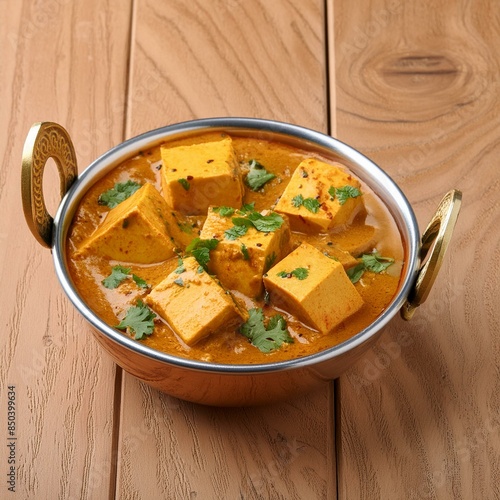 Indian traditional cuisine food shahi paneer on wooden table photo