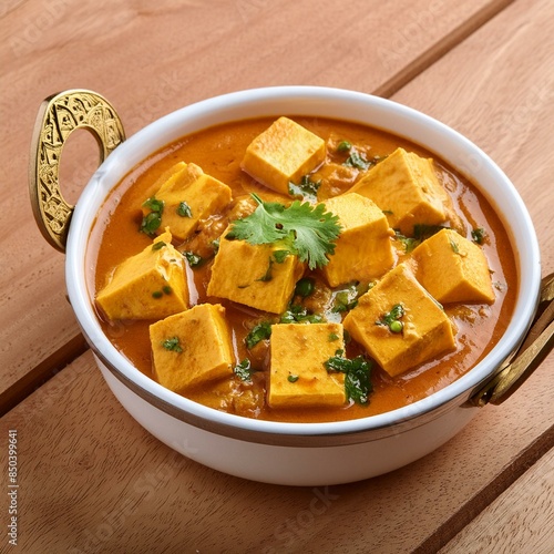 Indian traditional cuisine food shahi paneer on wooden table photo