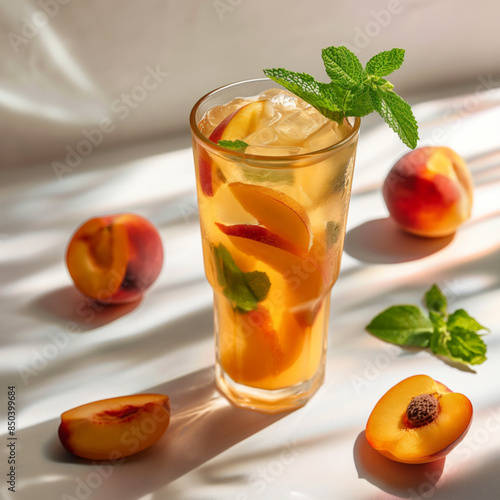 Summer cold peach fizz cocktail or iced tea with mint. glass with peach lemonade on white background. Summer refreshing drink recipe.