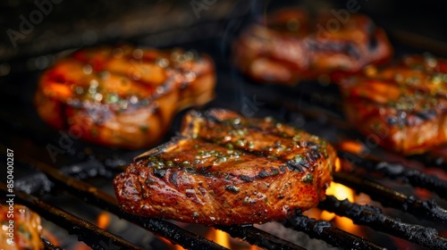 Thick-cut pork chops charring on the grill 