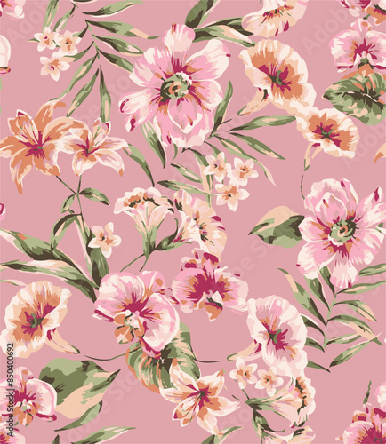 Big flowers pattern, upscale floral pattern. graphical textures floral, trendy colors pattern , flowers background with leaves. vector illustration.

