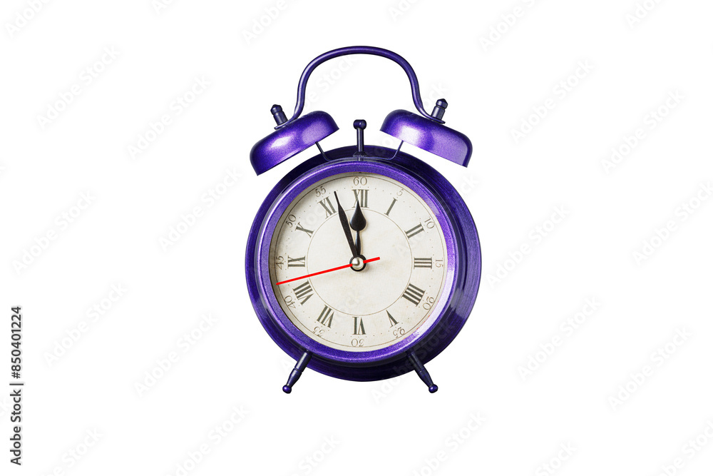 retro clock, pointer clock, violet, purple color alarm clock on isolated white background close up retro clock, pointer clock, violet, purple color alarm clock on isolated white background close up