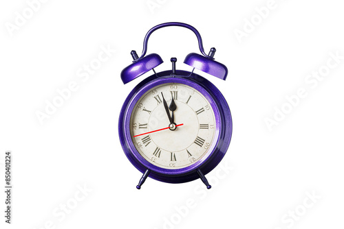 retro clock, pointer clock, violet, purple color alarm clock on isolated white background close up