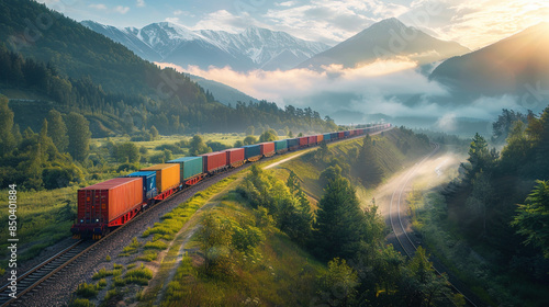 Freight Train Passing Through Scenic Mountain Landscape