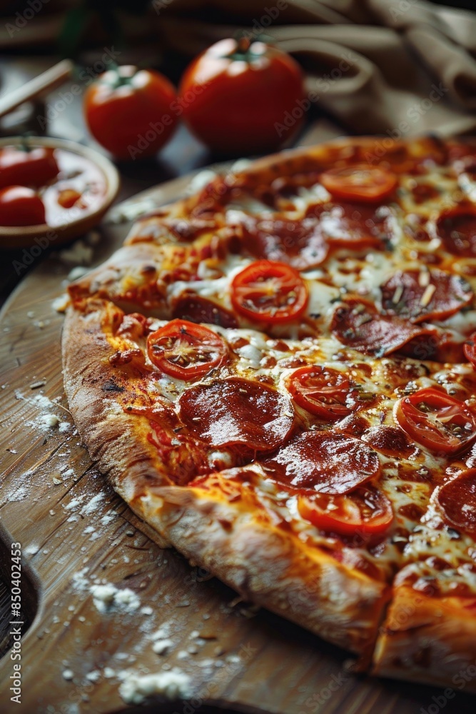 Delicious Pepperoni Pizza Slice with Melting Cheese and Fresh Ingredients on Rustic Background Delicious Pepperoni Pizza Slice with Melting Cheese and Fresh Ingredients on Rustic Background