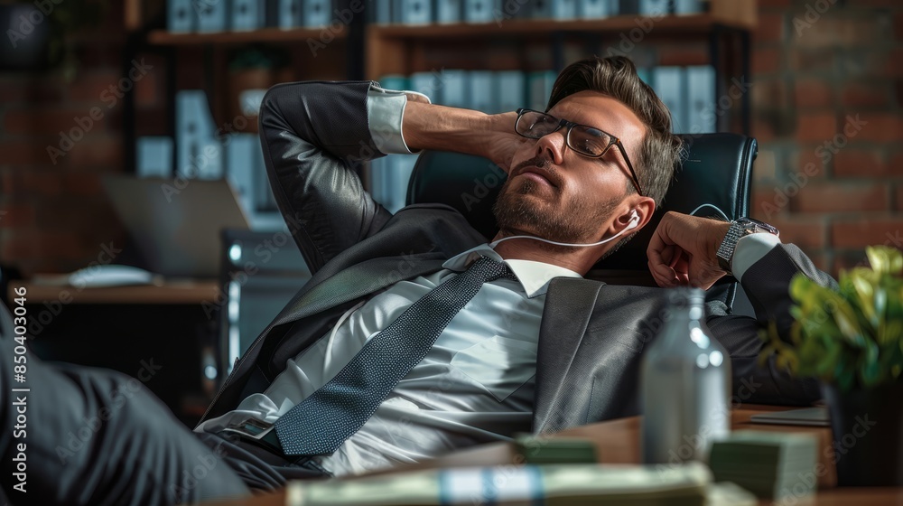 A handsome businessman was relaxing at his desk, next to a small pile of money, as he leaned back in his chair, financially in peril A handsome businessman was relaxing at his desk, next to a small pile of money, as he leaned back in his chair, financially in peril