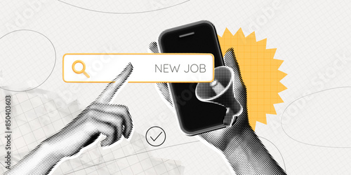 Trendy Halftone Collage Hand holds Phone with new job offer. Online hiring vacancy. Search bar with new job text. Remote work. Surrealism template metaphor. Contemporary vector illustration art