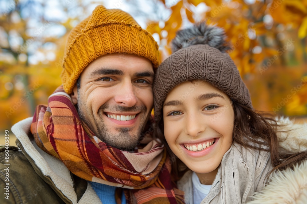 A smiling father and daughter wear warm autumn attire while enjoying a beautiful fall day A smiling father and daughter wear warm autumn attire while enjoying a beautiful fall day