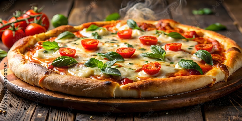 A Delicious, Cheesy Pizza With Fresh Basil And Tomatoes. Perfect For A Party Or A Family Dinner. A Delicious, Cheesy Pizza With Fresh Basil And Tomatoes. Perfect For A Party Or A Family Dinner.