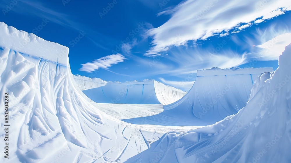 A pristine snowboarding halfpipe stands majestically against a blue sky, inviting thrill-seekers for an adrenaline rush.