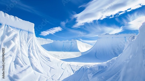Obraz na płótnie A pristine snowboarding halfpipe stands majestically against a blue sky, inviting thrill-seekers for an adrenaline rush. w salonie