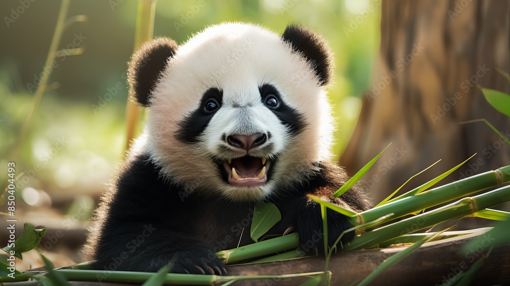Fototapeta premium Playful Baby Panda in Natural Habitat, Enjoying Bamboo Leaves, Captured in Vibrant Green Forest of China