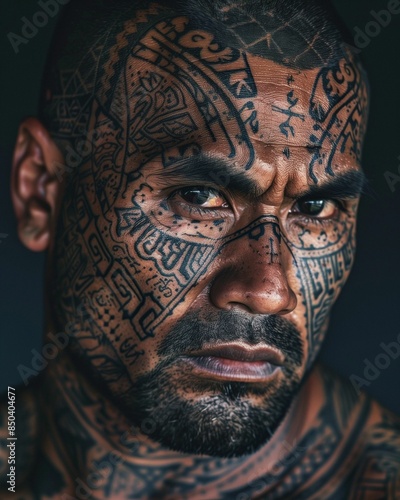 Close-up portrait of a man with intricate tribal tattoos on his face and head.
